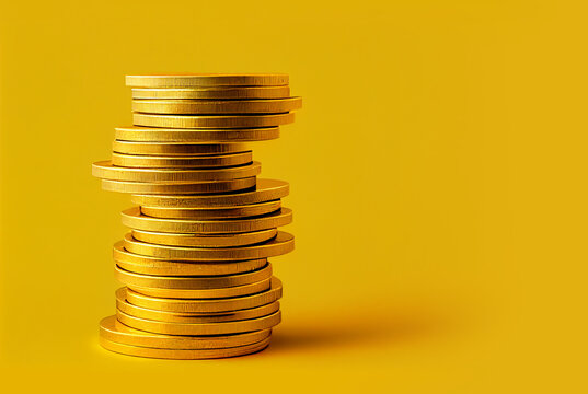 Closeup shot of stacks of coins against yellow background image created with Generative AI technology.