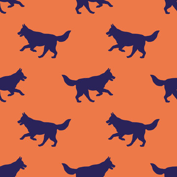 Running and jumping siberian husky puppy. Seamless pattern. Dog silhouette. Endless texture. Design for wallpaper, fabric, template, surface design. Vector illustration.