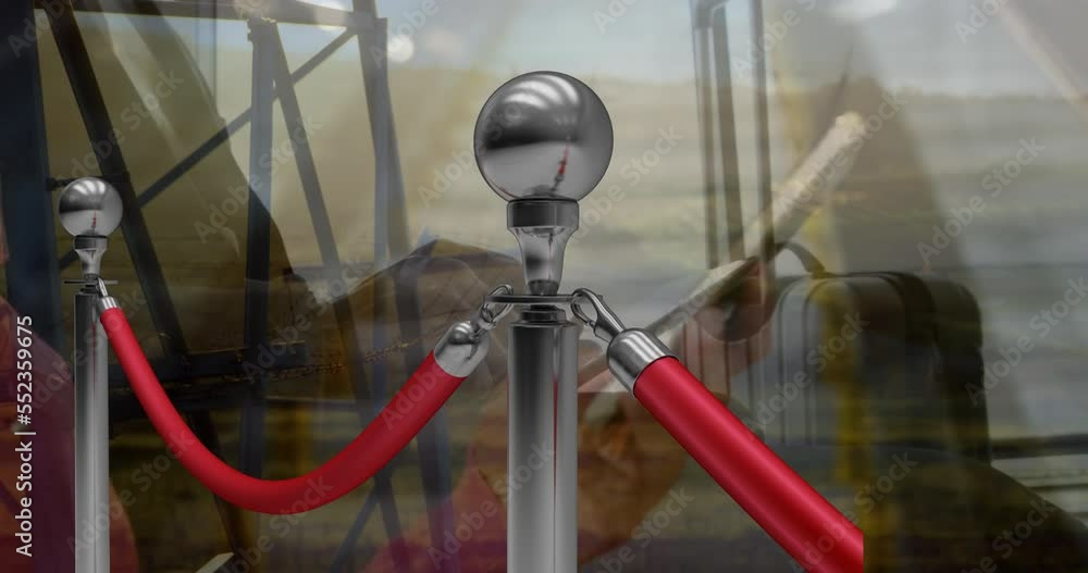 Poster animation of red carpet and data processing over businessman with tablet and electricity pylons