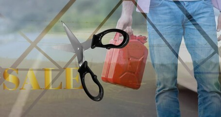 Animation of scissors and data processing over man with petrol can and electricity pylons - Powered by Adobe