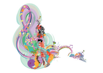 Abstract colorful musical design with musicians, treble clefs and musical waves, splashes. Hand drawn vector illustration. - 552359888