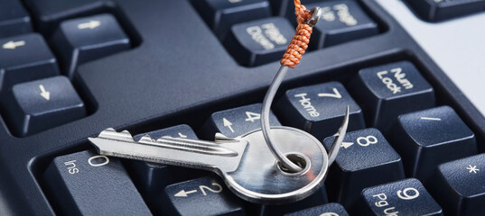 phishing, hacking personal data and money , key and hook on computer keyboard.