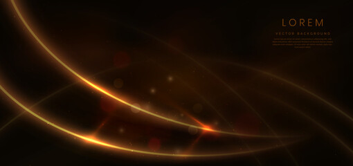 Abstract glowing gold curved lines on dark brown background with lighting effect and sparkle with copy space for text.