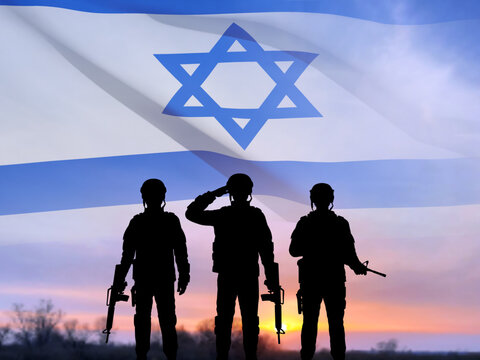 Silhouette of soldier with Israel flag against the sunrise. Concept - armed forces of Israel. EPS10 vector