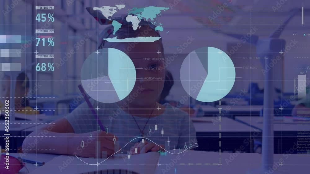 Aufkleber animation of data processing over diverse schoolchildren in classroom
