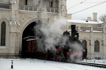 Steam locomotive at the New Peterhof station, St. Petersburg, Russia, December 8, 2022
