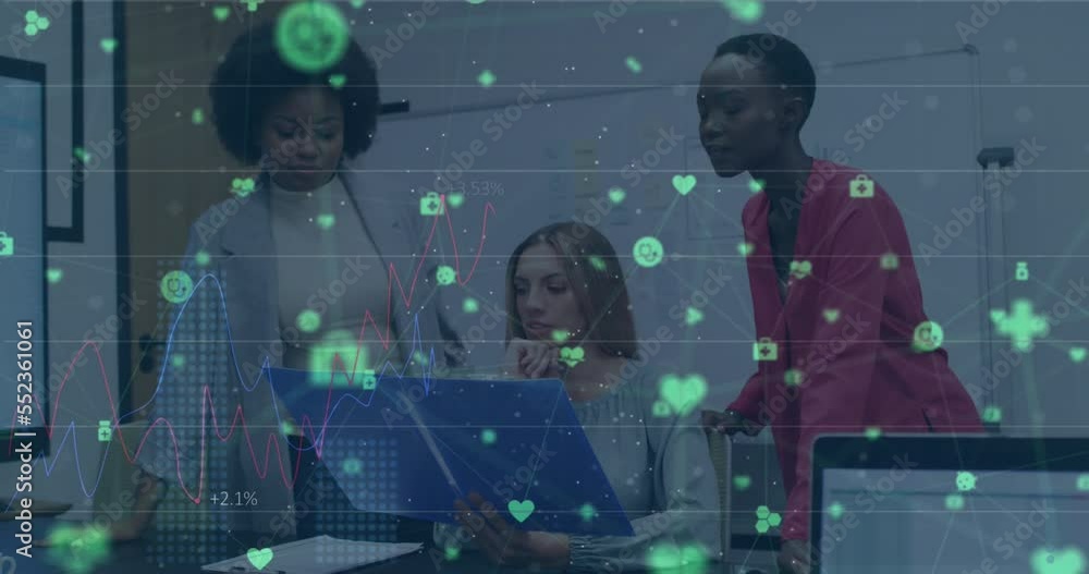 Aufkleber animation of network of digital icons over three diverse female colleagues discussing over a file