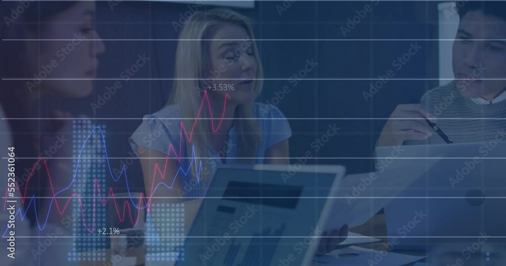 Poster animation of statistical data processing over group of diverse discussing together at office