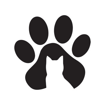 Silhouette of a cat's paw. Paw prints. The cat icon on the paw. A trace of a pet.
