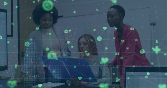 Animation of network of digital icons over three diverse female colleagues discussing over a file