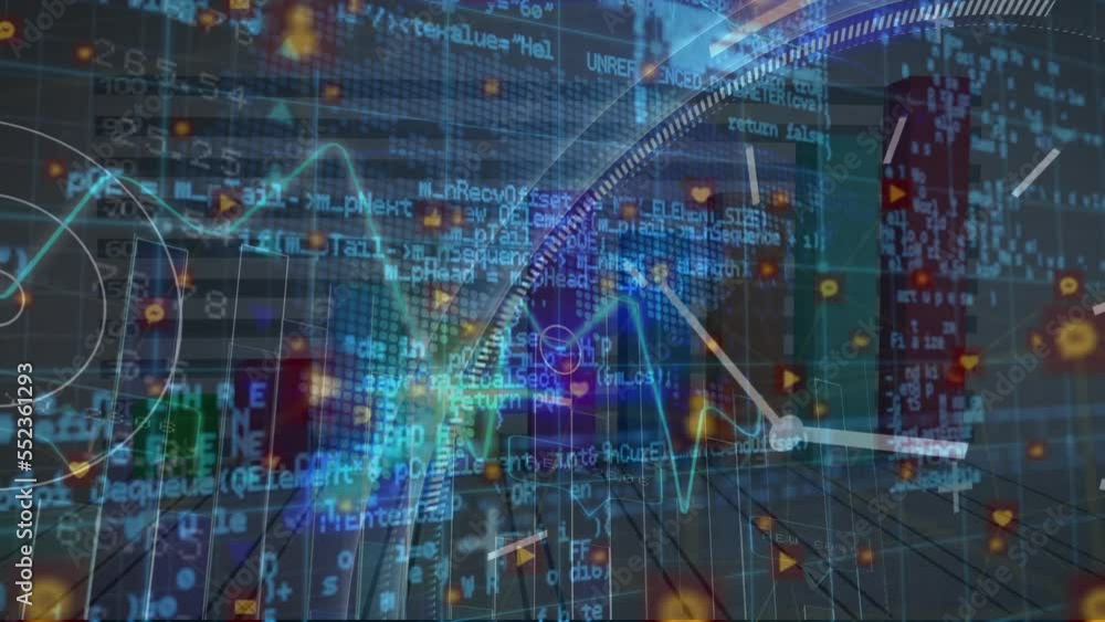 Poster animation of statistics and financial data processing over clock moving fast