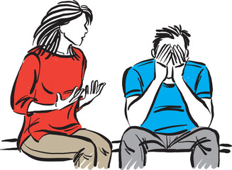woman arguing with man husband wife fight man crying sad couple problems concept vector illustration