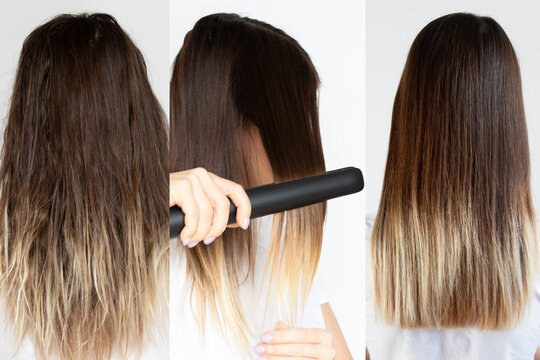 Three photos with an example of hair without straightening with a curling iron, the second with a curling iron and an example after straightening hair with applied keratin