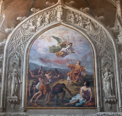 Küchenrückwand glas motiv BIELLA, ITALY - JULY 15, 2022: The fresco of Stoning of St. Stephen in Cathedral (Duomo) by Giovannino Galliari (1784). © Renáta Sedmáková