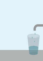 Glass cup with a little water dripping from the faucet.