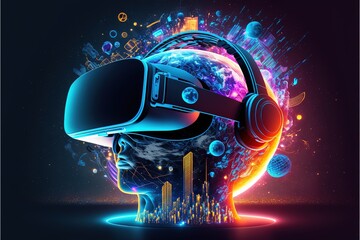 Metaverse concept and virtual world elements. Silhouette of a human face in augmented or virtual reality headset, Generative AI technology