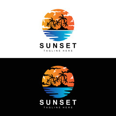 Sunset Beach Logo Design, Seascape Illustration, Red Day Vacation Spot Vector