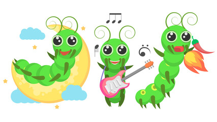 Set Abstract Collection Flat Cartoon Different Animal Caterpillars Plays The Guitar, Ate Pepper And Breathes Fire, Lies On The Moon Around The Clouds Vector Design Style Elements Fauna Wildlife
