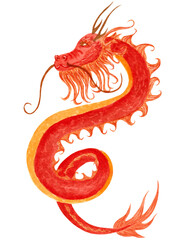 Watercolor bright illustration, red chinese dragon isolated on white background. For Chinese New year holiday, products in asian style etc.
