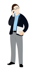 Guy in glasses with documents in hand talking on the phone, flat vector, isolate on white, accountant, office worker, faceless illustration