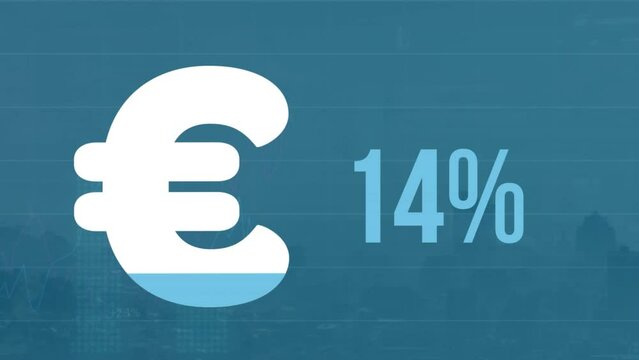 Animation of euro symbol with increasing percentage against aerial view of cityscape