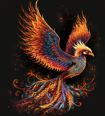Phoenix with burning wings and tail. Mythological symbol of rebirth. Fantasy firebird. Generative AI