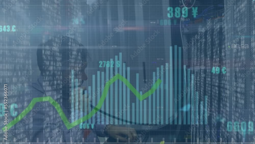 Poster animation of financial data processing over caucasian male it engineer and computer servers