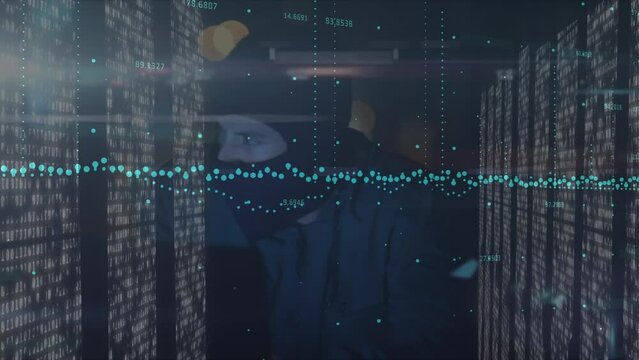 Animation of financial data processing over male hacker and computer servers
