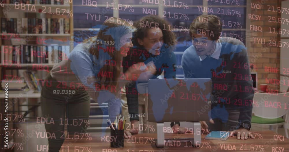 Poster animation of stock market data processing over three diverse colleagues discussing over laptop