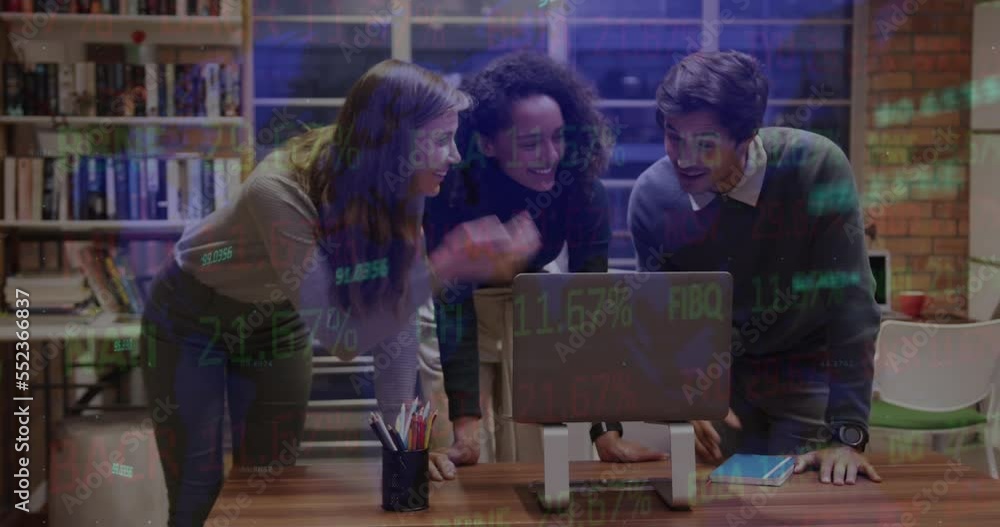 Poster animation of stock market data processing over three diverse colleagues discussing over laptop