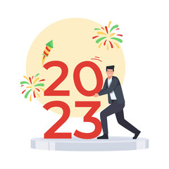 Man hold number of 2023 with fireworks behind metaphor of new year celebration