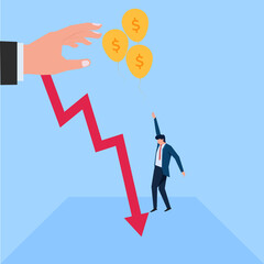 Man fall from money balloon  while hand try to reach metaphor of recession