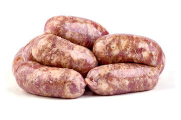 Raw pork sausages, isolated on white background.