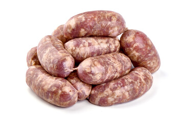 Raw pork sausages, isolated on white background.