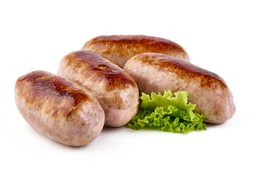 Grilled pork bangers, isolated on white background.