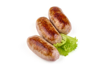Grilled pork bangers, isolated on white background.