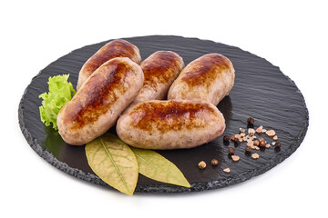 Grilled German Pork Sausages, munich sausage, isolated on white background.