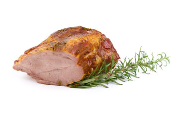 Roasted pork meat, Christmas baked spicy galzed meat, close-up, isolated on white background.