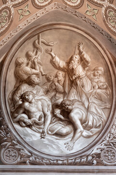 BIELLA, ITALY - JULY 15, 2022: The fresco of Moses made a bronze snake in Cathedral (Duomo) by Giovannino Galliari (1784).