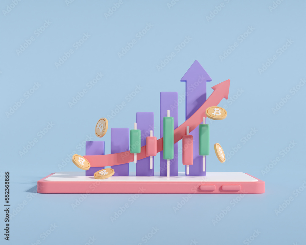 Fototapete 3d render business investment graph growth on smartphone. arrow increase statistic trading with coin