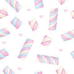 Marshmallow vector background. Seamless pattern with cartoon cute sweets and hearts on white.