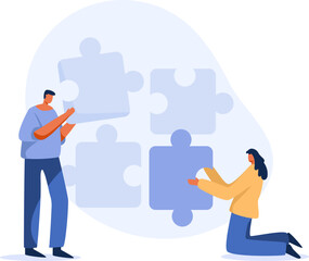 Business people working together and connecting separated puzzle pieces.  illustration
