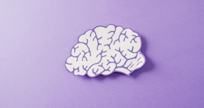 Video of purple and white paper brain on purple background with copy space
