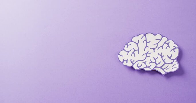 Video of purple and white paper brain on purple background with copy space