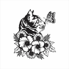cat with flowers and a butterfly