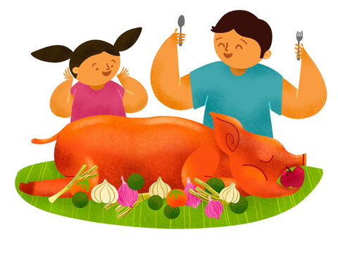 Filipino father and daughter eating lechon roasted pig