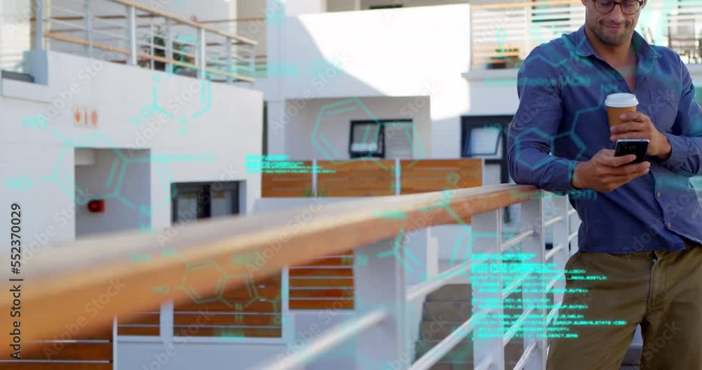Poster animation of data processing over caucasian man using smartphone