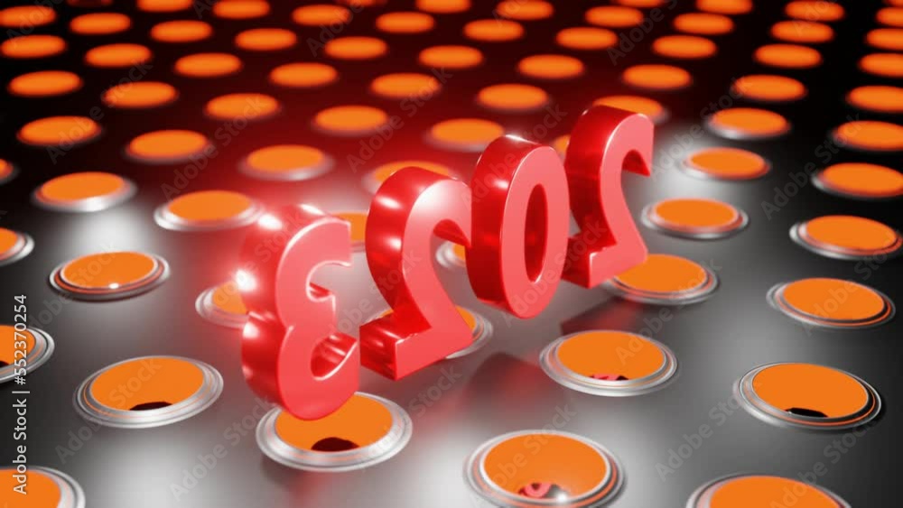 Poster abstract red number 2023 on glowing speaker wall background 3d rendering