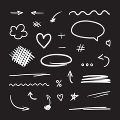 Hand drawn simple objects. Set of different signs. Abstract indicators. Black and white illustration