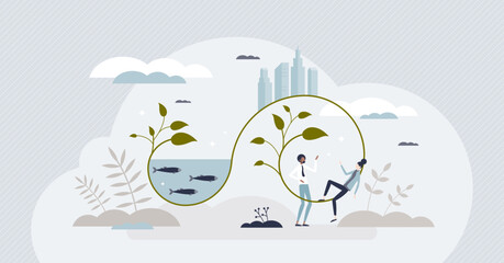 ESG or social governance investing for nature balance tiny person concept. Ecological business approach with sustainable and ecological principles vector illustration. Cooperate eco responsibility.